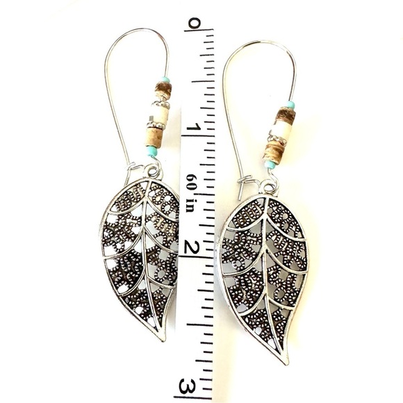Bohemian Leaf Shaped Silver Tone Hoop Earrings - Picture 4 of 5